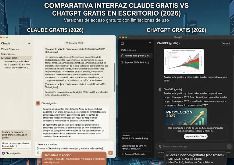 Comparativa interfaz Claude gratis vs ChatGPT gratis en escritorio 2026