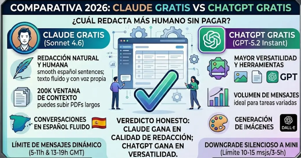 Claude vs ChatGPT Gratis (2026): Probamos 120 Prompts — Uno Escribe Mejor, el Otro Dura Más