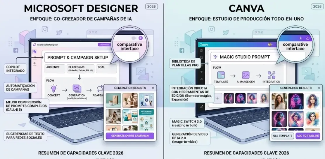 Comparativa de interfaz de Microsoft Designer vs Canva IA en la generación de imágenes para redes sociales 2026