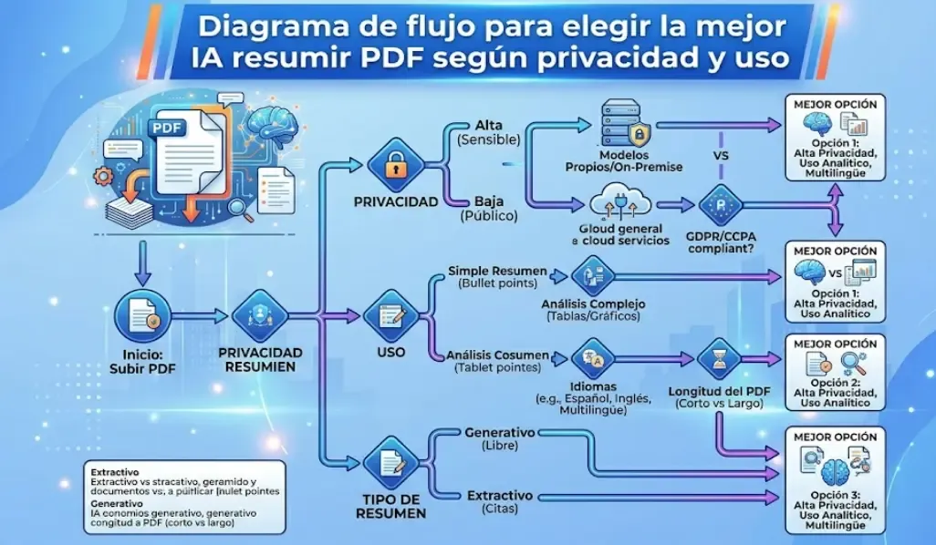 Diagrama de flujo para elegir la mejor IA resumir PDF según privacidad y uso