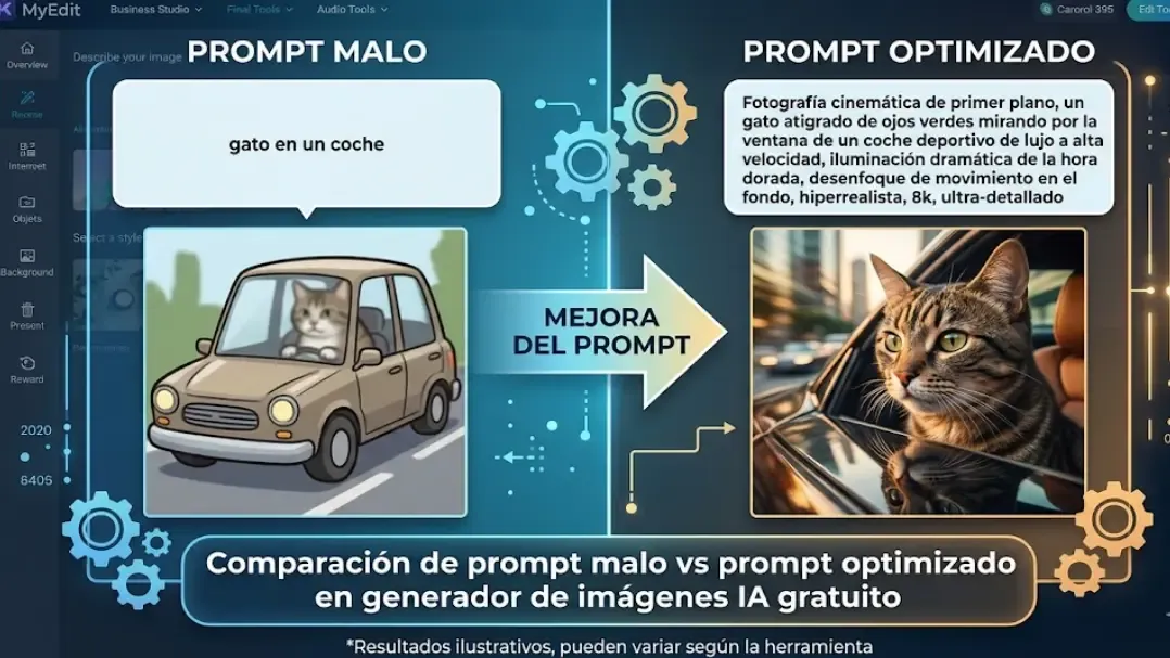 Comparación de prompt malo vs prompt optimizado en generador de imágenes IA gratuito