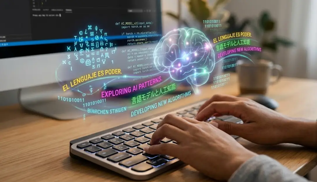 Persona escribiendo en un teclado con representaciones digitales de lenguaje e inteligencia artificial