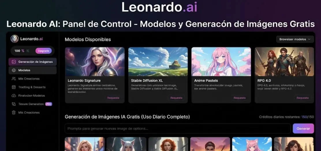 Leonardo AI panel de control mostrando modelos disponibles y generación de imágenes IA gratis