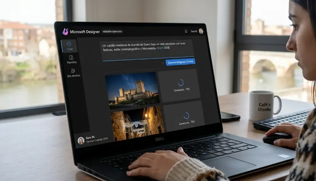 Captura de Microsoft Designer generando imágenes con IA desde texto en la versión gratuita 2026